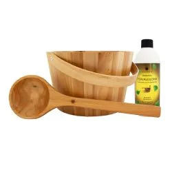 Emendo Puinen Saunasanko + Kauha + Tervaleijona Löylytuoksu 500 Ml